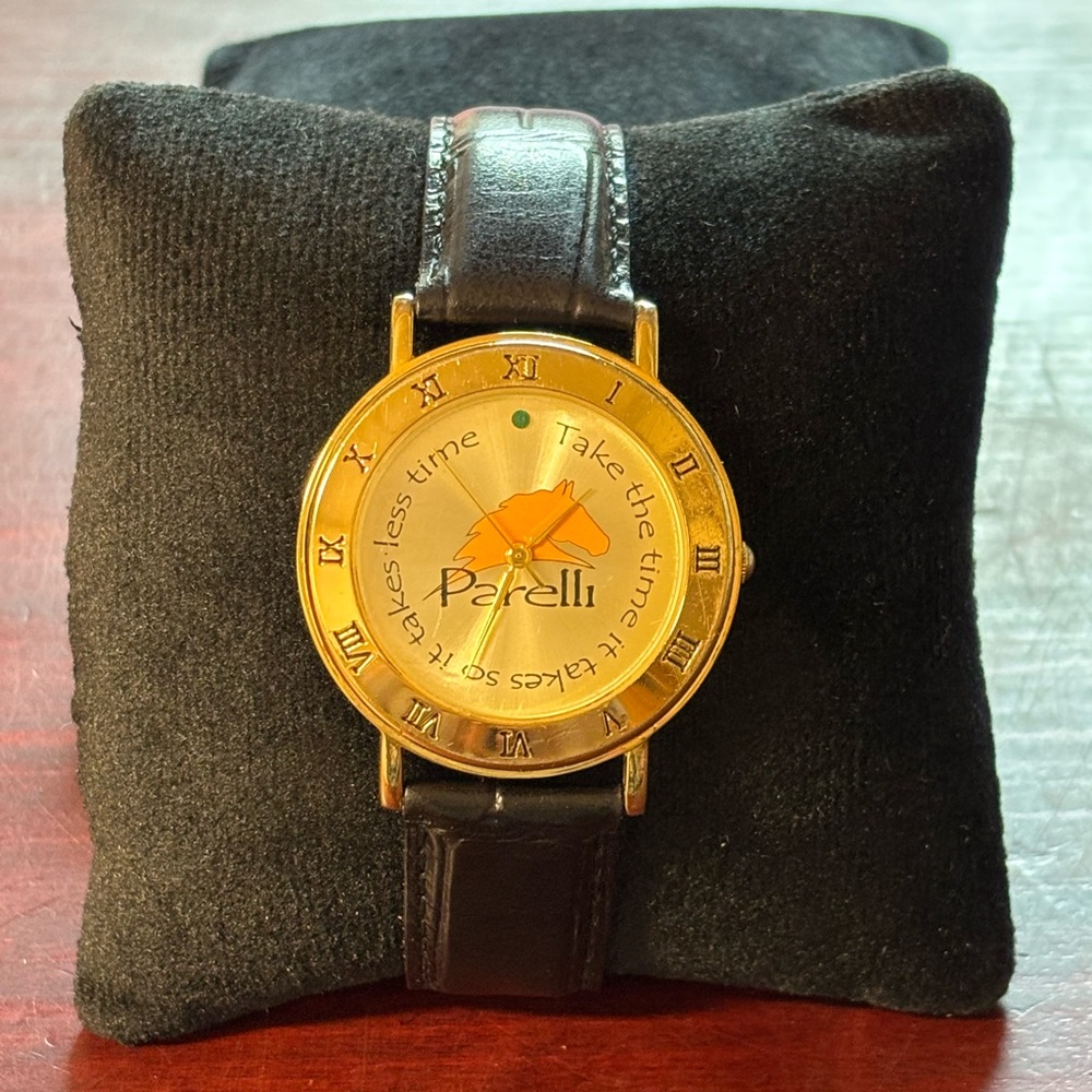 Parelli Gold Tone Watch Leather Band Green Stone Brand New Battery Working Great